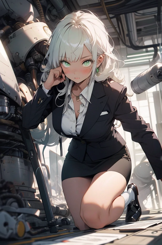 be realistic,(masterpiece,highest quality,highest quality,very detailed,fractal art,most detailed,(abstract background:1.5)(1 girl),Kamimei,(hair length),(green eyes shine、Breasts get bigger,stunned),crystallization,sexy,machine armor,sunburned skin、squat down and open both knees、squat、Blake、(office wear blazer、white cutter shirt、black pencil skirt、pumps)