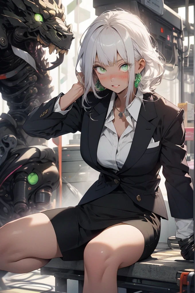 be realistic,(masterpiece,highest quality,highest quality,very detailed,fractal art,most detailed,(abstract background:1.5)(1 girl),Kamimei,(hair length),(green eyes shine、Breasts get bigger,stunned),crystallization,sexy,machine armor,sunburned skin、squat down and open both knees、squat、Blake、(office wear blazer、white cutter shirt、black pencil skirt、pumps)