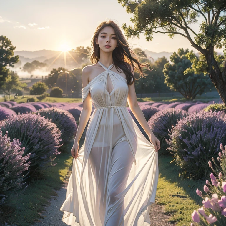 (masterpiece, high resolution, gentle and beautiful:1.2), stunning young woman, (big open full breasts), (graceful and leisurely walk:1.1), (transparent clothes:1.2), surrounded by the tranquil atmosphere of lavender fields, ( gentle morning light:1.2) , (gentle sunlight radiates warm light:1.1), (fragrant lavender flowers:1.2), (whisper of wind across the fields:1.1), (fine mist adds a subtle touch:1.2), (peaceful calm in air:1.1) , (lush greenery frames the view: 1.2), a moment of serene beauty, a calming color palette, an inviting composition.
