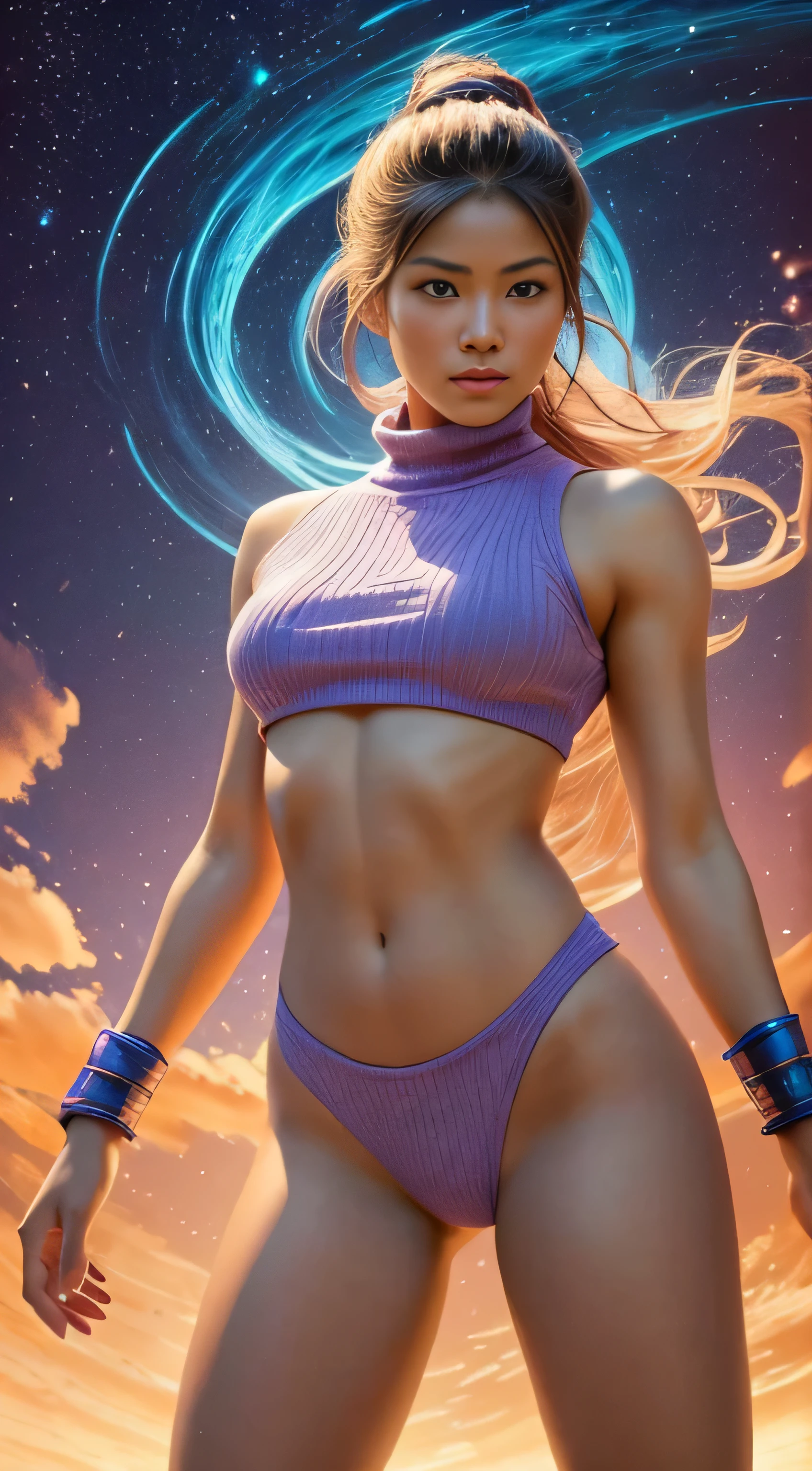 Surreal, masterpiece, realphoto. sexy female full body. The street fighter Shin of the Dust, wearing a neat cloud knit croptop, inside is only her bare body, and her legs are unusually beautiful. Her face showed both excitement for the future and confusion with the current situation. The author fully captures this sensitive scene through bold surreal shots of the female body, beautiful curves and bright colors in the scene to highlight the subject. The images are meticulously crafted, with breathtakingly vivid colors and intricate details that transport the viewer into another world. Each stroke seems to dance with life, providing a vivid experience of wonder and awe.