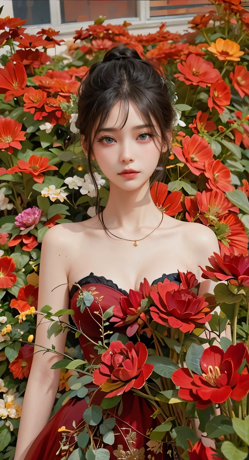 Black hair, blue eyes, red dress