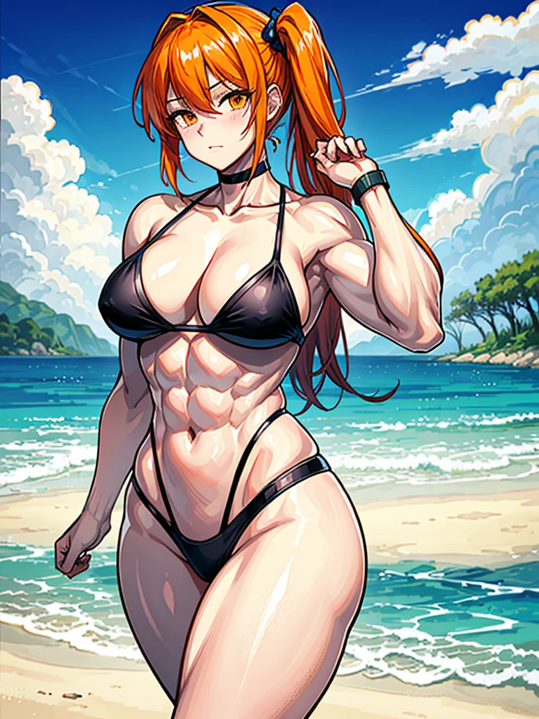 (((masterpiece、Highest image quality、highest quality、highly detailed unity 8kwallpaper)))、((Illustration of one girl))、(((beautiful girl)))、((orange hair、side ponytail、sidelocks:1.3、orange eyes))、(((stocky build:1.2, thickset physique:1.3, muscular legs, broad shoulders:1.3, solid chest:1.2)))、swimsuit、sandy beach