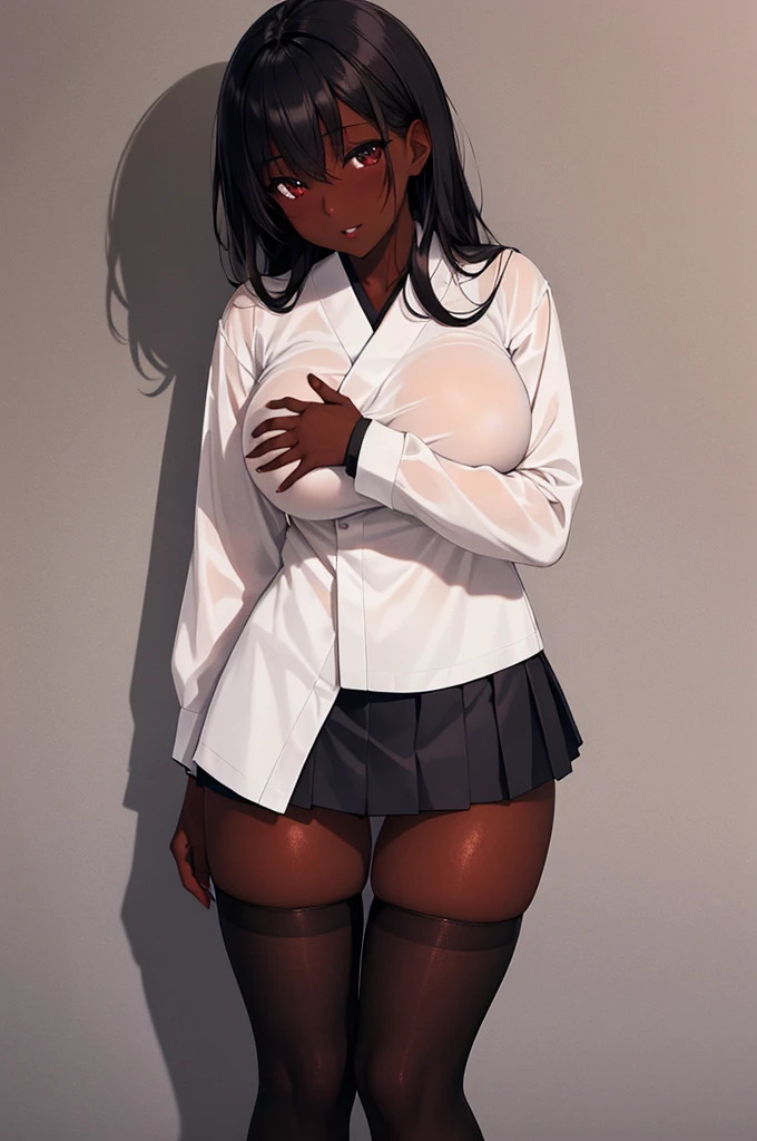 (8k ultra HD quality, best quality, 1 woman, alone, dark-skinned woman, black hair, dark skin, big breasts, sexy, Japanese school costume, portrait, black knee-high socks, sexy student, parted lips, dark eyes , looking at viewer, japan background, huge breasts, small sample, sexy, olive skin, dark skin, holding breasts, wallpaper, short skirt, panty sample, short skirt