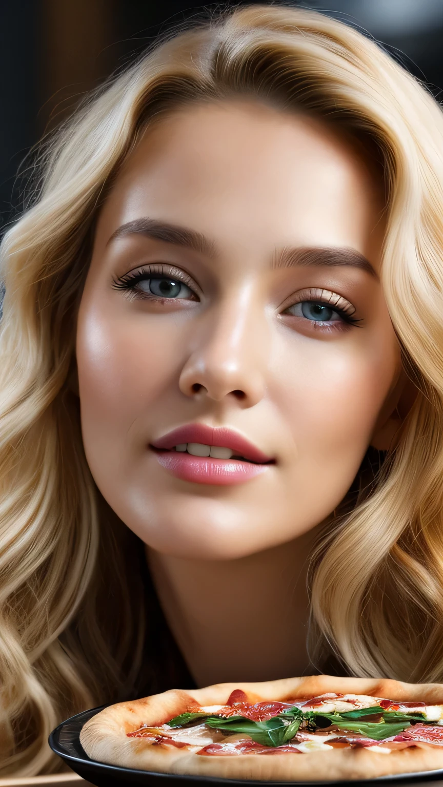 (close up of face)、Ultra-realistic Movie Master Pie with ultra-detailed primetime portraits, 最high quality, 8K, table top, Ultra HD), 1 female 38 years old、fashion supermodel, blonde curly hair、masterpiece, 最high quality, high quality, High resolution、Don'don't put things on the table、I Don'no pizza needed、(close up of face)、