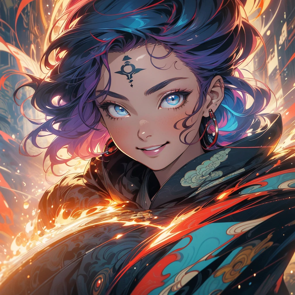 (((highest quality))),(((fine eyes))),(((32K))),(1 girl),Fancy red hair,(tattoo),cyber punk,kimono,((luxurious and gorgeous)),shiny skin,earrings,Flashy,((Super beautiful)),(perfect face),Japanese sword,ultimate texture,official art,Ukiyo-e,((stylish)),photograph,perfect body,smile,Bewitching,best image quality,super clear,genuine,fantasy,(Near the future),ninja,((perfect eyes)),big breasts,((Perfect cleavage)),highlight,挑発的なsmile,stick out tongue,Split tongue,Mechanical,mandala,Pouring rain,majestic,apotheosis,fractal art:(1.3),perfect lighting,
