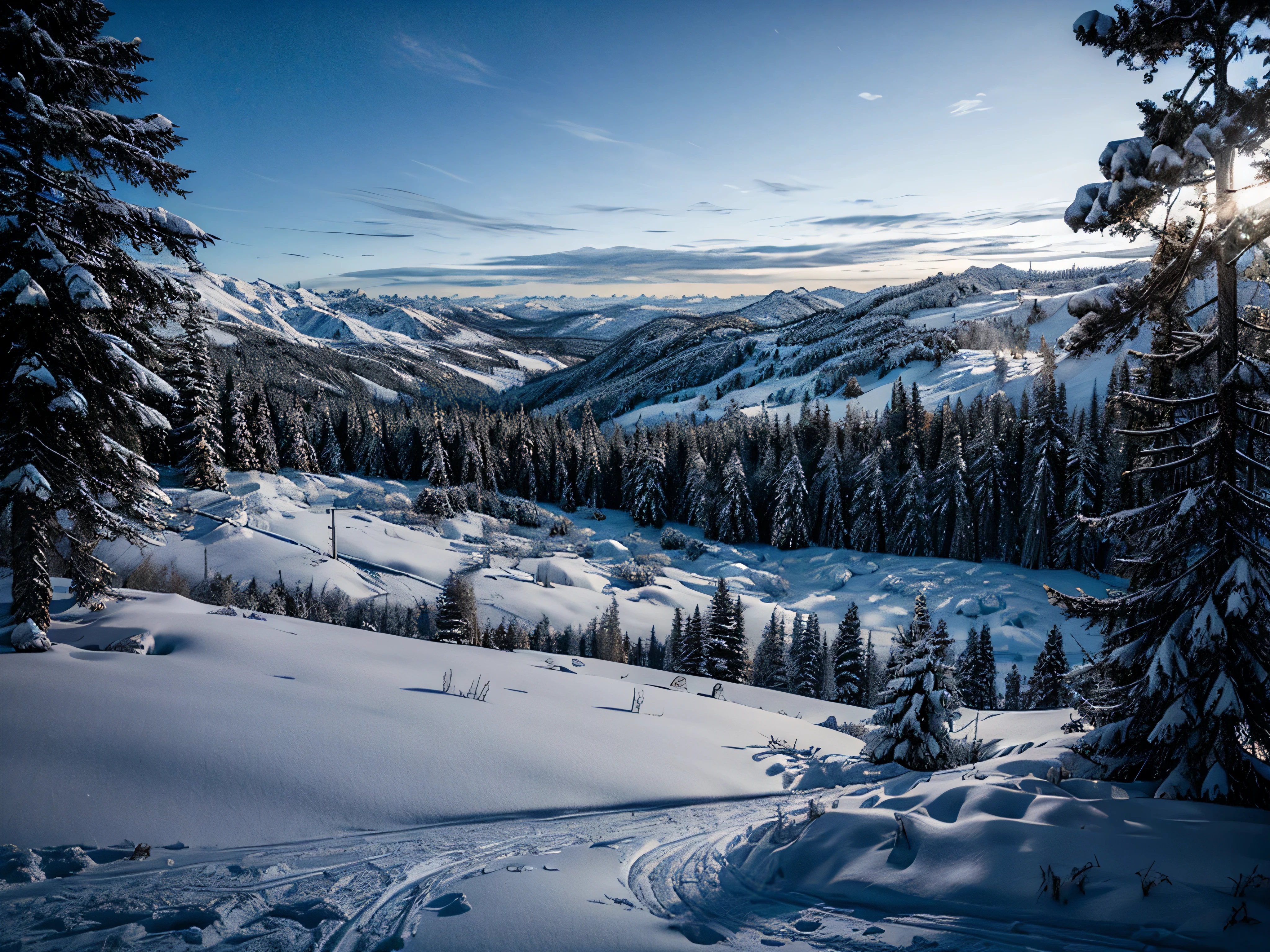 paisagem com neve, montanhas, snow-covered trees, montes, vulkan, ultrarrealista, fotografia, cinematographic