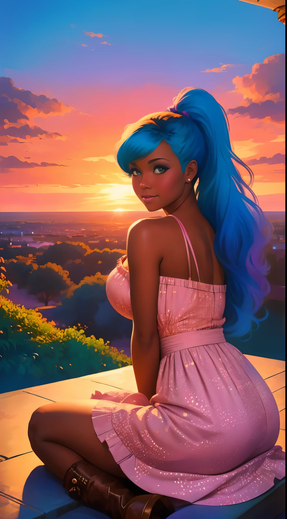 (best quality:1.1),original,1girl,chic,trendy,afro,dark skin,makeup,1970's, blue hair, brown eyes, A fantasy illustration of african american woman with natural hair, in the style of ross tran, a pink dress with a cute cloud print and cute pink boots, a gorgeous woman with extremely long hair in a ponytail with bangs, sitting on a soft pink cloud chair looking at a distant magical city far beneath her, at sunset --ar 2:3 --v 6.0 pink and orange, jessica drossin, bold block prints, michael malm, bold yet graceful, bold traditional