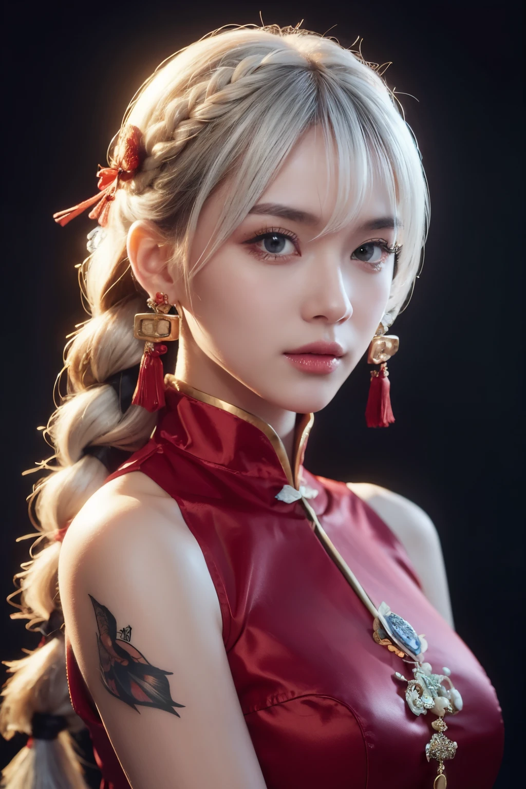 vibrant colors, female, masterpiece, sharp focus, best quality, depth of field, cinematic lighting, white hair, red eyes, braid, dress, long hair, red eyes, tattoo, earrings, jewelry, black dress, hair ornament, bangs, chinese clothes, breasts, china dress, sleeveless, 