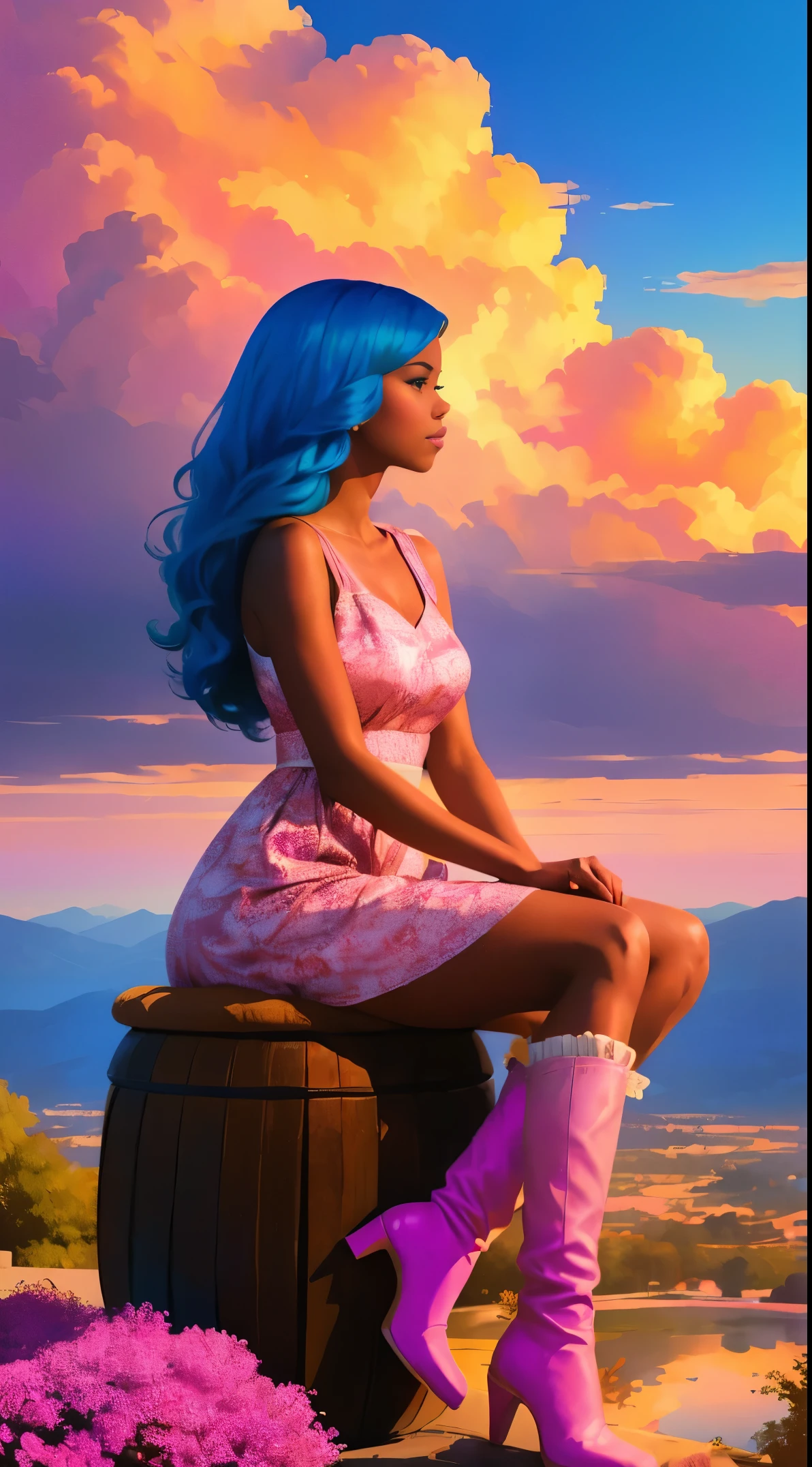 (best quality:1.1),original,1girl,chic,trendy,afro,dark skin,makeup,1970's, blue hair, brown eyes,  A fantasy illustration of african american woman with natural hair on a pink cloud, in the style of ross tran, a pink dress with a cute cloud print and cute pink boots, a gorgeous woman with extremely long hair in a ponytail with bangs, sitting on a soft pink cloud chair looking at a distant magical city far beneath her, at sunset --ar 2:3 --v 6.0 pink and orange, jessica drossin, bold block prints, michael malm, bold yet graceful, bold traditional