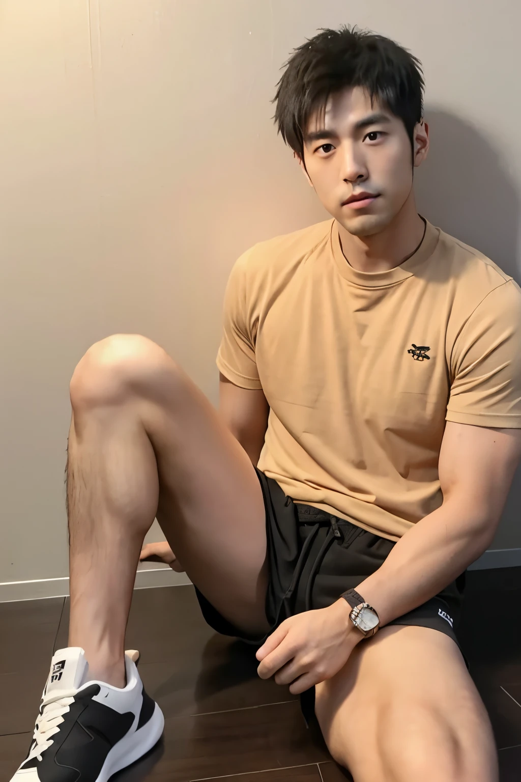 hairy legs, hairy legs, whole body, hairy legs, muscular and toned legs, two block, long legs, Japan male, 27 years old, Thin beard, wearing beige shorts, wearing a black T-shirt, very short hair, black hair