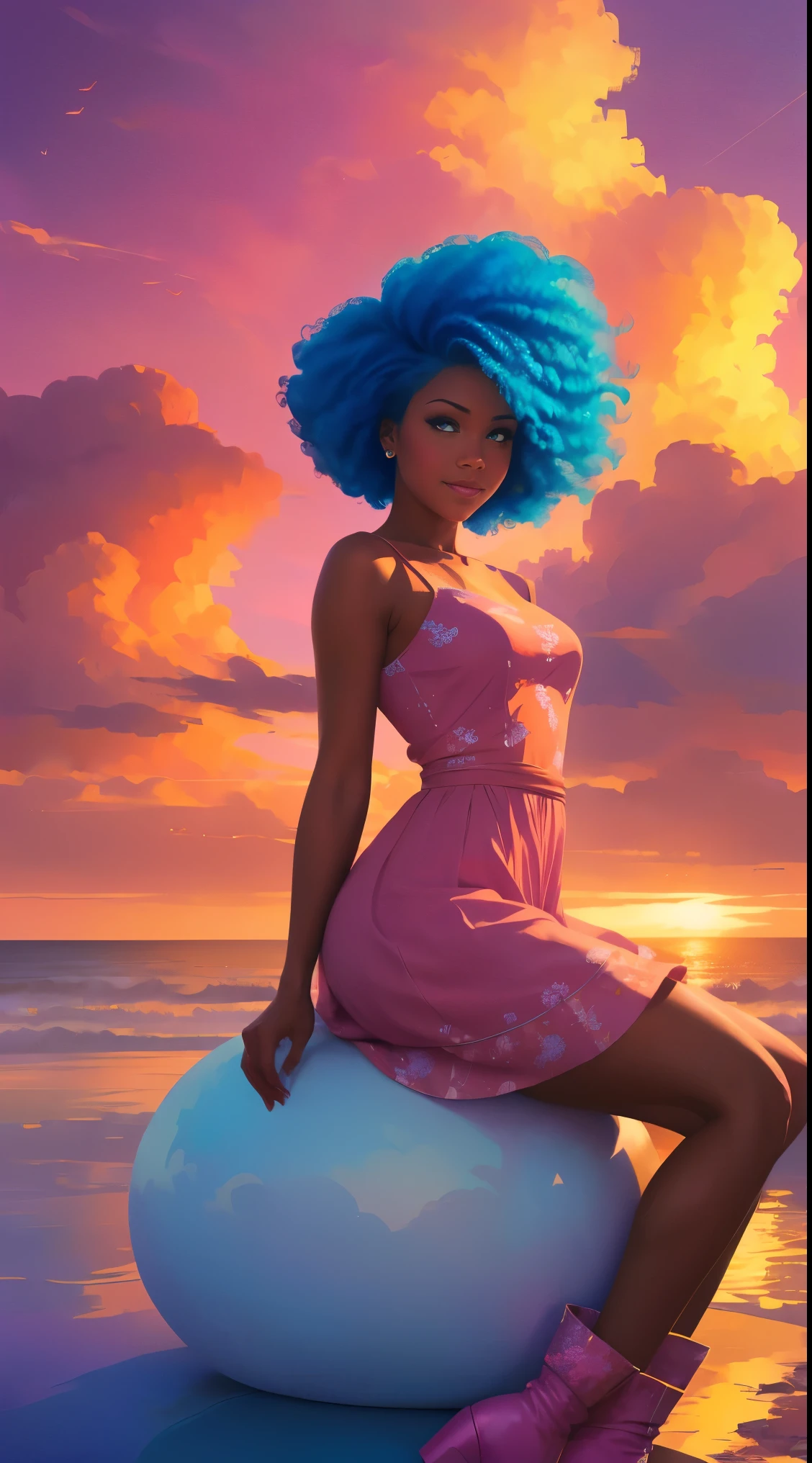 (best quality:1.1),original,1girl,chic,trendy,afro,dark skin,makeup,1970's, blue hair, brown eyes,  A fantasy illustration of african american woman with natural hair on a pink cloud, in the style of ross tran, a pink dress with a cute cloud print and cute pink boots, a gorgeous woman with extremely long hair in a ponytail with bangs, sitting on a soft pink cloud chair looking at a distant magical city far beneath her, at sunset --ar 2:3 --v 6.0 pink and orange, jessica drossin, bold block prints, michael malm, bold yet graceful, bold traditional