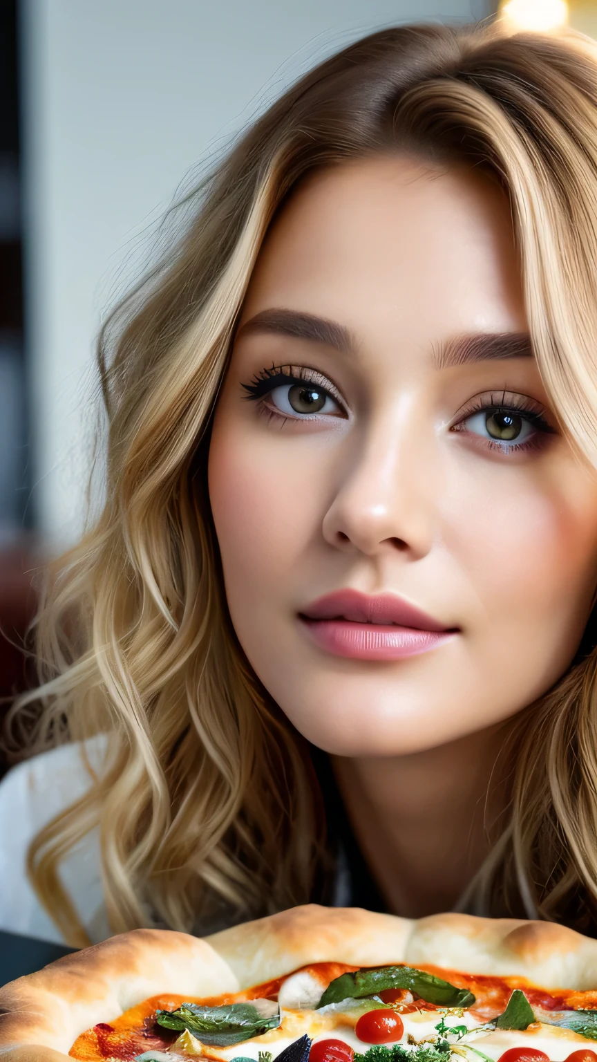(close up of face)、Ultra-realistic Movie Master Pie with ultra-detailed primetime portraits, 最high quality, 8K, table top, Ultra HD), 1 female 38 years old、fashion supermodel, blonde curly hair、masterpiece, 最high quality, high quality, High resolution、Don'don't put things on the table、I Don'no pizza needed、(close up of face)、