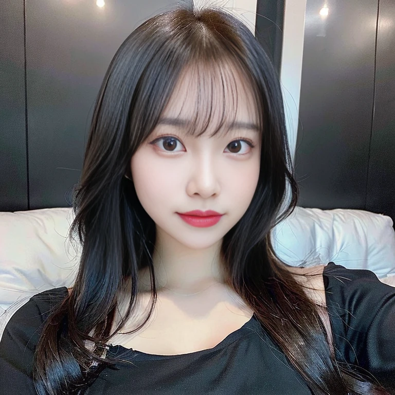 girl RAW photo, (masterpiece:1.1), highest quality, ultra high resolution, highly detailed, (realistic:1.4), sharp, facial details, fine eyes, detailed face, 1 girl, Black tight dress, (black hair:1.0), (huge breasts:1.0), looking at the viewer, Upper body, bedroom background