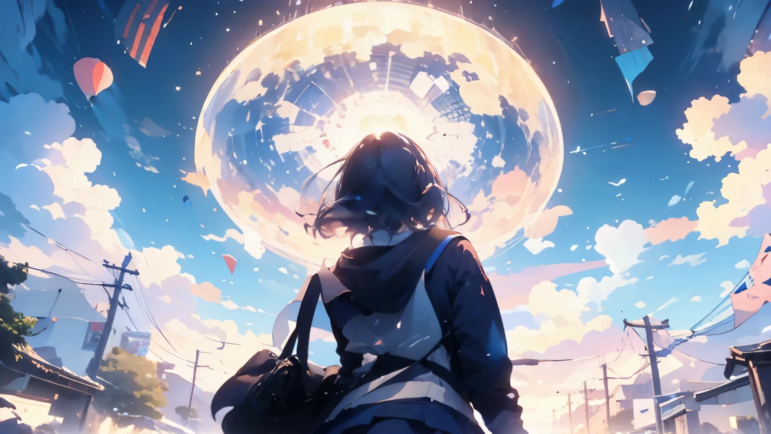 dawn、Wind景、null、sunset、High imagery、delicate、Wind、One student from behind、school uniform、dark blueジャケットを着た、Wearing a white shirt、dark blue、Gender、夜null、Shadow、future、null、Light、nullのみ、student jacket