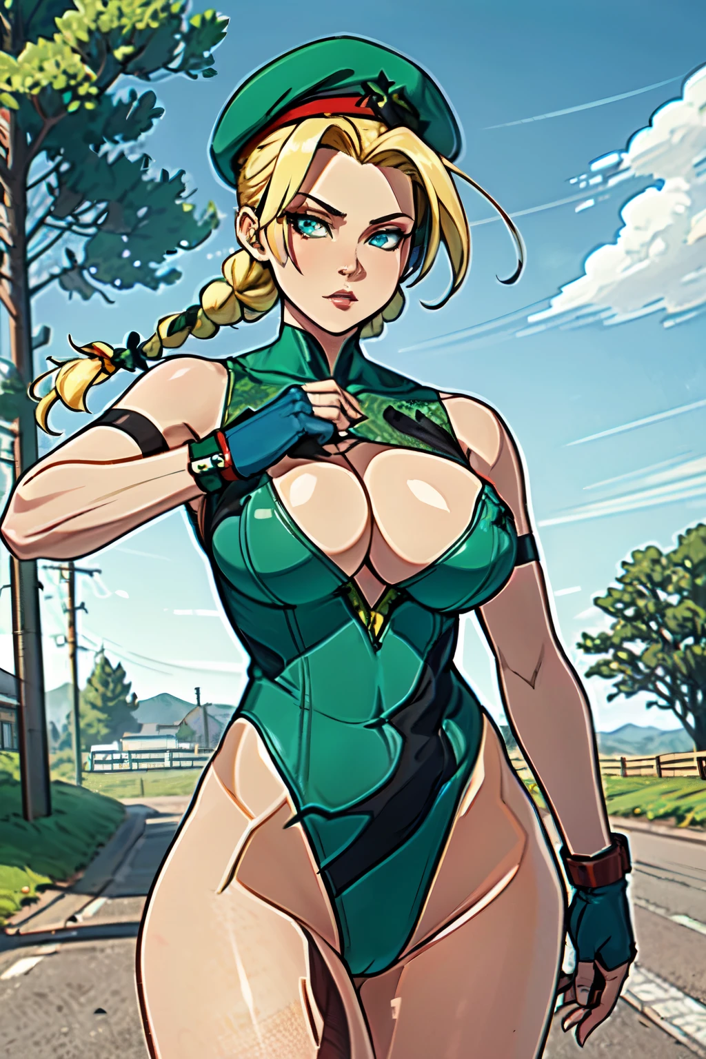 1girl, (solo:1.2), curvy, (masterpiece:1.2), (best quality:1.2), (perfect anatomy:1.4), (interacting with the viewer while facing him in a dynamic pose in motion), (large breasts:1.4), (cowboy shot:1.4), sulcate, cell shading, simple shading, clean lineart, (rural street:1.2), trees, japanese countryside, Utility pole,, cammy white, twin braids, long hair, (blonde hair:1.2), antenna hair, beret, (red headwear:1.3), (blue eyes:1.3), scar on cheek, large breasts, (green leotard:1.5), sleeveless, red gloves, fingerless gloves, camouflage