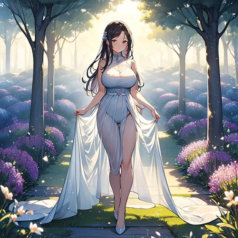 (masterpiece, high resolution, gentle and beautiful:1.2), stunning young woman, (big round full breasts), (graceful and leisurely walk:1.1), (transparent clothes:1.2), surrounded by the tranquil atmosphere of lavender fields, ( gentle morning light:1.2) , (gentle sunlight radiates warm light:1.1), (fragrant lavender flowers:1.2), (whispering wind across the fields:1.1), (fine mist adds a subtle touch:1.2), (peaceful calm in air:1.1) , (lush greenery frames the view: 1.2), a moment of serene beauty, a calming color palette, an inviting composition.