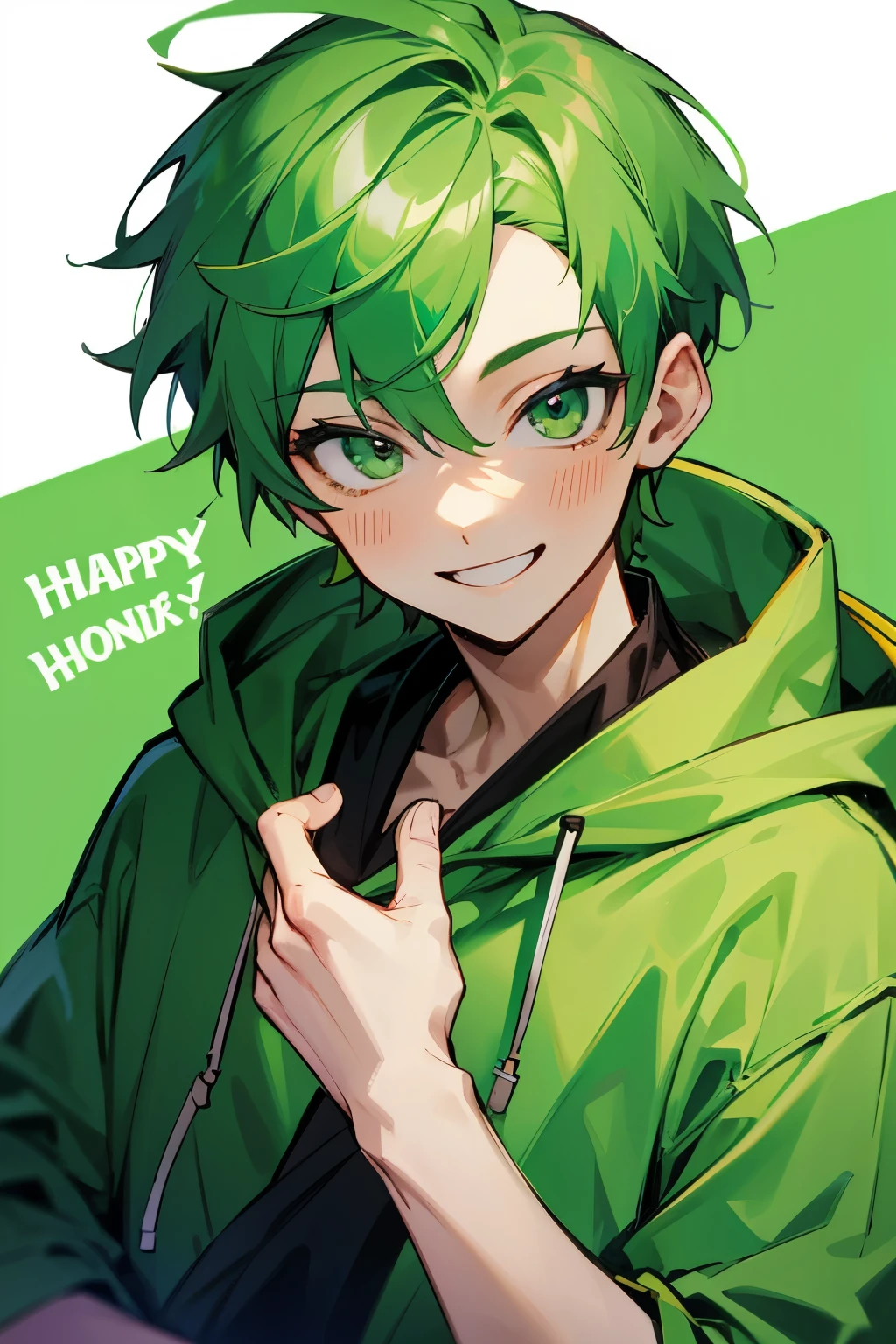 youtuber　green hair　boy　Green hoodie　smile