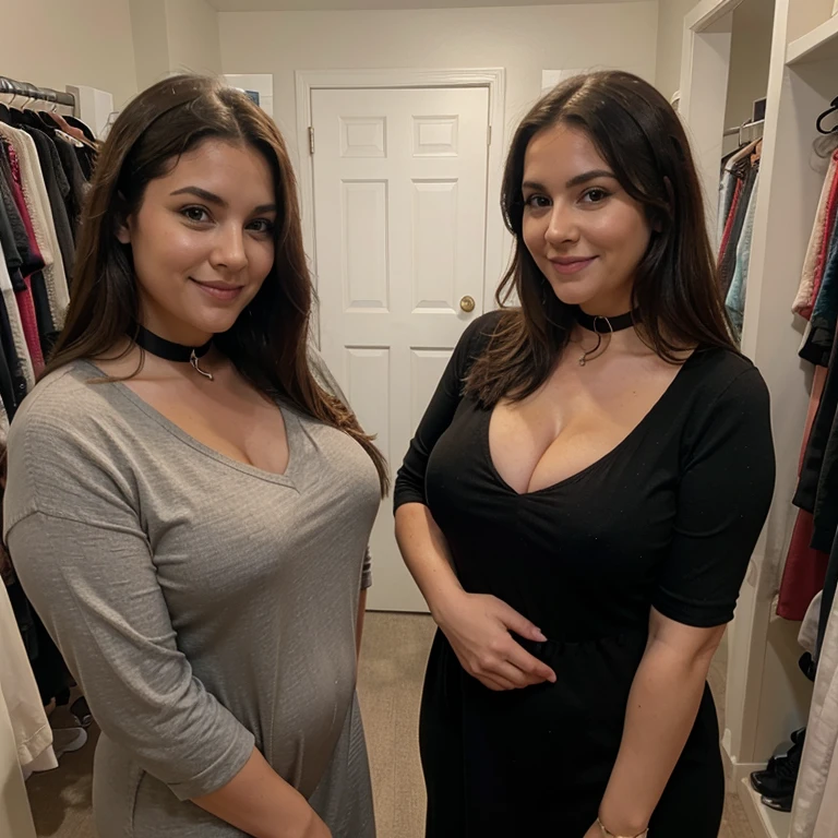 chubby mature thic bbw egiptian (46 fifty-six years old) hotwife,brown hair, chubby belly, with sexy black dress v-neck , black dog collar, in clothing fitting room with husband, with boyfriend,smiley expression , selfie photo style