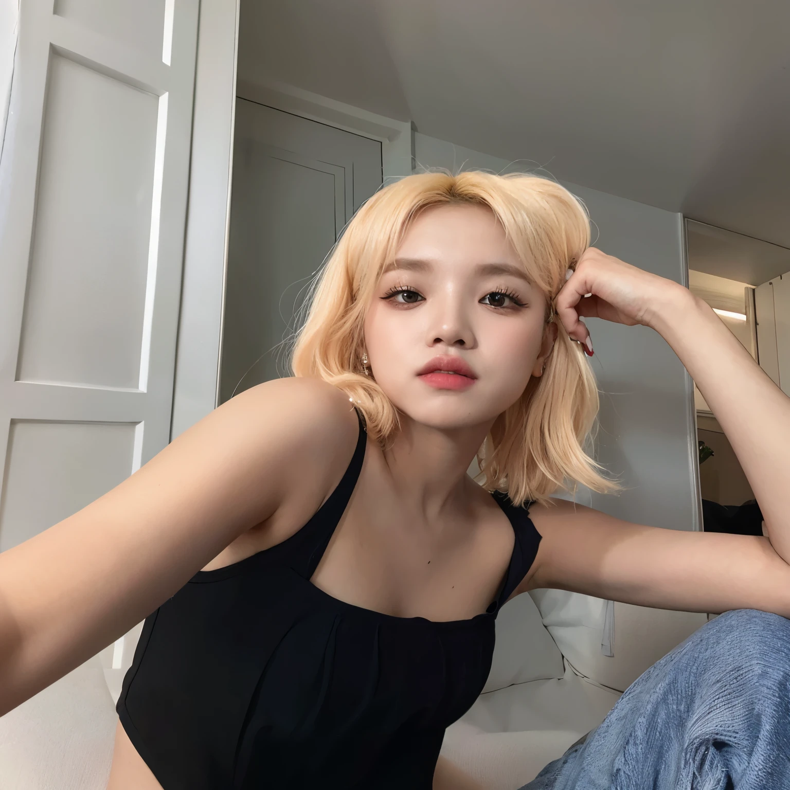 Blonde woman in black top sitting on a sofa with her hand on her head, Lalisa Manobal, com cabelo curto, Sun Yunjoo, imagem vazada, parque roseanne de blackpink, she is wearing a black tank top, Heonhwa Choe, Lalisa Manoban do Blackpink, Retrato de Jossi do Blackpink, her hair is white, taejune kim