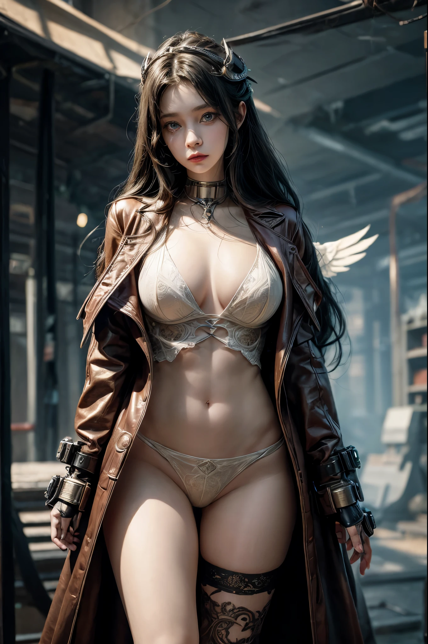 Craft a Cyberpunk and Steampunk masterpiece where a girl, resembling an angelic apparition, navigates a world veiled in smoke. Infuse the canvas with a ((dreamlike)) quality, using ((masterful)) strokes to depict the intricate fusion of wings, futuristic elements, and Victorian aesthetics.