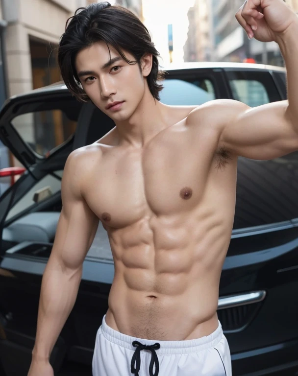 ((High quality)), ((masterpiece)), ((highly detailed)), perfect face, semi-realistic, ((man)), ((indonesian)), black hair, comma hair style, ((shirtless)), street, ((handsome)), detailed eyes, beautiful detailed nose, realistic body, realistic light, comfortable exprssions, cute guy, sweat guy, cool guy, ((athletic body)), ((hot))