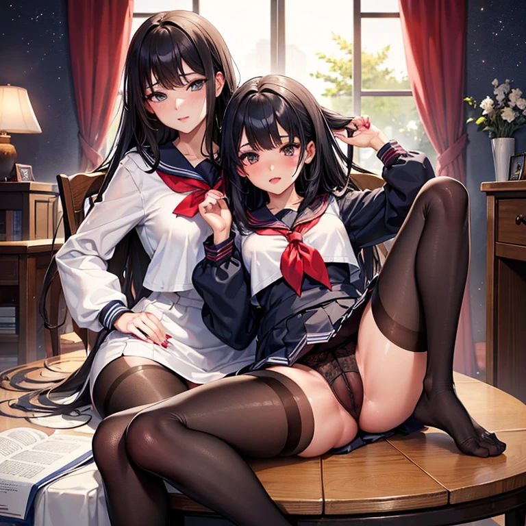 (masterpiece, highest quality, highest quality, official art, beautiful and aesthetic:1.2), (1 girl), highly detailed eyes, (fractal art:1.3), colorful, most detailed, (perfect face), shiny skin, HDR,School,classroom,night,sailor suit,pantyhose,mature woman,black hair,black eyes,red makeup,red nail polish,Red pedicure,sit on the desk,spread legs,pussy,hands off shoes,Watery eye,cuckold,1 male,fat man,