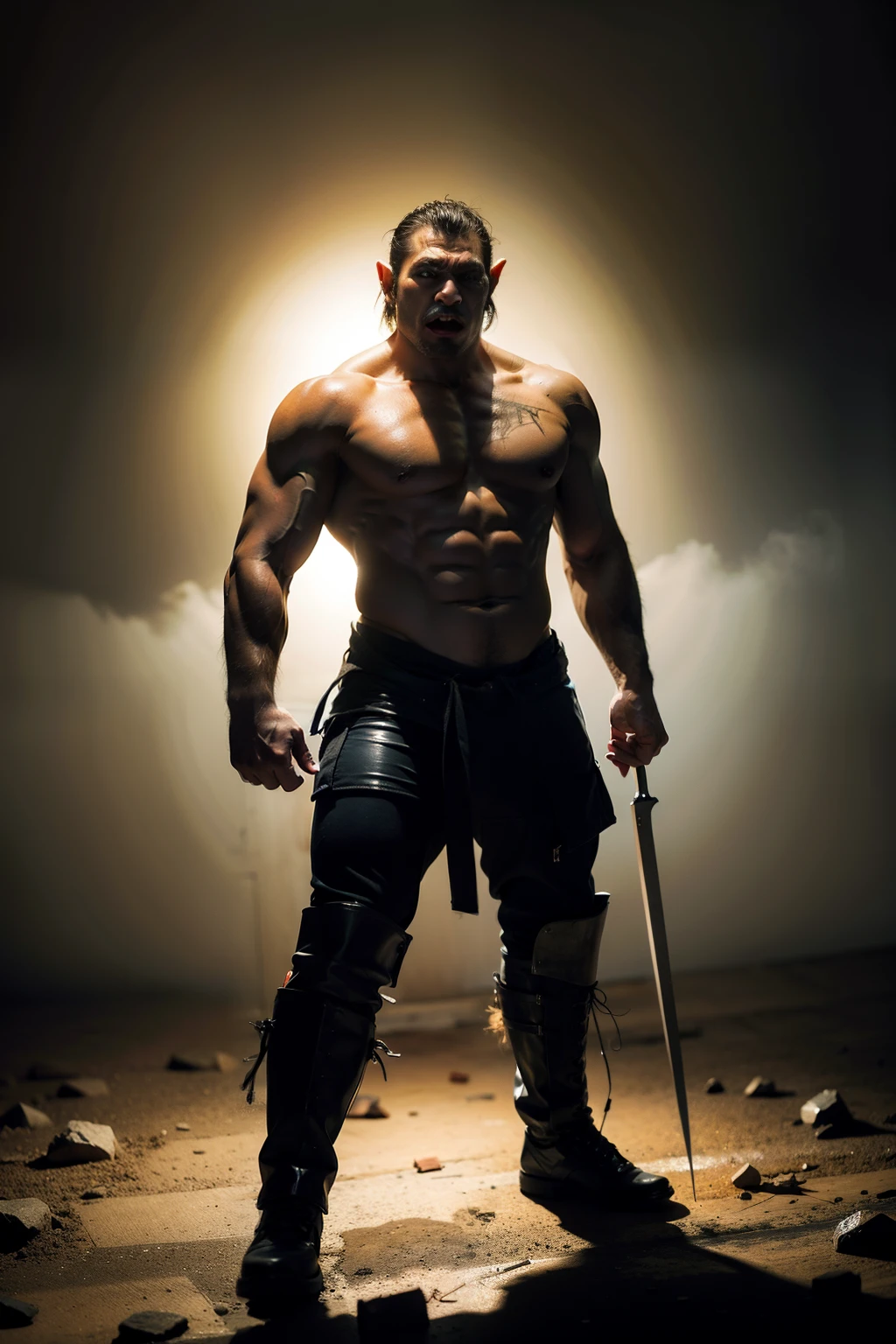 orc,holds a knife,Standing alone on the battlefield,The picture style is impasto style