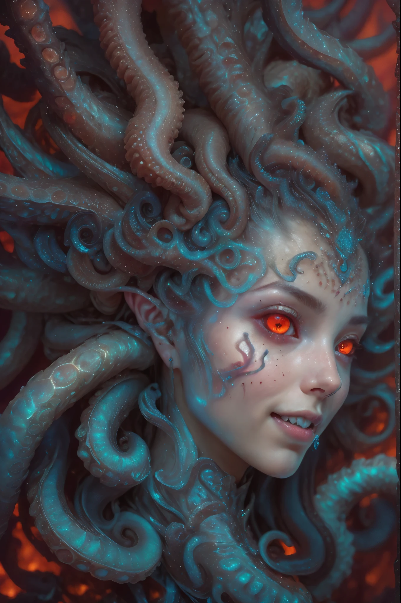 scary and sexy detailed art in color, Portrait, (beautiful and obscene female alien:1.4), (vulgarity1.7), (she has red eyes with no pupils:1.8), (Translucent skin:1.7), (There is a female genital-like organ in the middle of the forehead:1.9), (The most beautiful face in the history of the universe:1.2),an evil gaze that seduces, (large mouth:1.1), (sharp teeth like a vampire:1.2), Full body portrait, (bio luminescent:1.5), (Smile wickedly:1.3), (sexypose:1.5), alien, No humans, cells are fused, (Lots of translucent tentacles:1.3) extraterrestrial, cell, bio image, best quality, 8K, In 4K_quality, High freshness, Dramatic Lighting, masutepiece:1.5,cinematic quality, detail up, (exquisite details:1.2), high resolution, High freshness, drawing faithfully, (Thick eyebrows:1.2), Beautiful eyes with fine symmetry,(Highly detailed face and eyes:1.2), Intimate face, (Super detailed skin quality feeling:1.4), perfect anatomy, (Beautiful toned body:1.5), (Moist skin:1.2), not wearing makeup, (dark circles:1.1), long canines, cinematic drawing of characters, ultra high quality model, cinematic quality, detail up, (exquisite details:1.2), high resolution, High freshness, drawing faithfully, official art, Unity 8K Wall paper, best quality, Very high resolution, ultra detailed artistic photography, midnight aura, unreal engine 5, Ultra Sharp Focus, art by Amano Yoshitaka, ArtGerm, Roisch, intricate artwork, best quality, masterpiece, ultra high resolution, (photos realistic:1.4), ultra realistic realism, dream-like, nautilus, Creation of fantasy, Snail, Dream Snail, (biopunk nautilus:1.3),Thrilling color schemes, ultra realistic realism, seductively smiling, Blue tentacles, Amazing mutation, well-proportioned body, goddess of the deep sea