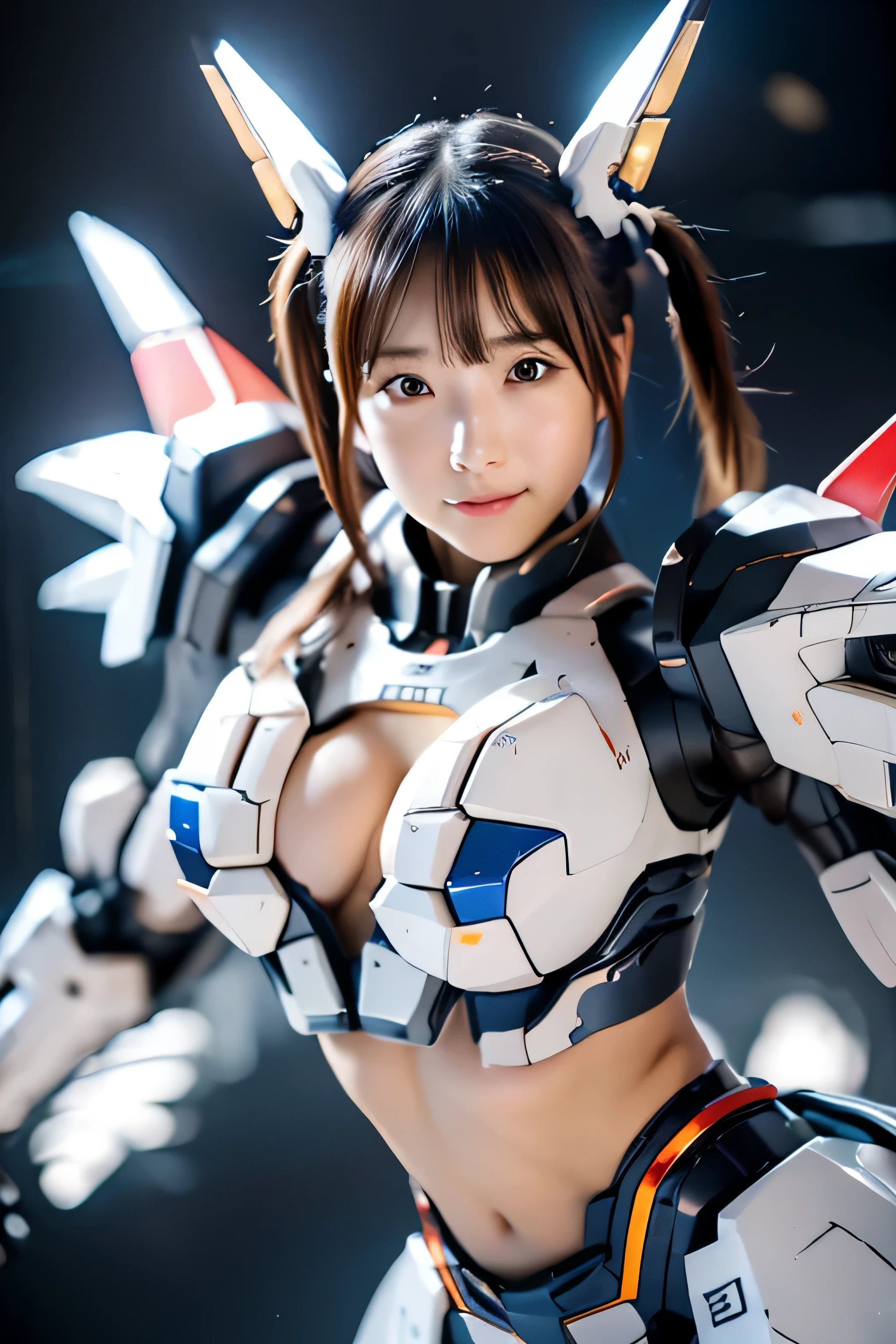 ((highest quality)),
 ((masterpiece)),
 (very detailed: 1.3),
3D,
 japanese young girl wears only a futuristic gundam mecha(gundam),
 with headgear,
 With V fins ,
 ((unarmored cleavage)),
 ((unarmored stomach)),
 ((unarmored upper arm)),
 ((face without armor)),
 ((unarmored hand)),
 ((unarmored waist)),
 ((thighs without armor)),
 (unarmored ankle),
 Visible lateral breasts,
 white skin:1.3,
(cute:1.2),
 (bob cut:1.3),
 black hair,
 thick eyebrows,
 light colored iris,
 big, shining black eyes,
 long eyelashes,
 small, pale natural lips,
 ((Average Japanese idol face)),
 (日本人特有のbaby face:1.3),
 (:1.1),
 wide forehead:1.2,
 plump cheeks,
 small chin,small breasts,
 Detailed thighs,
 Multilayer texture perfect proportions,
 octane rendering,
 duotone lighting,
 Low ISO,
 wide aperture,
 White balance,
 Rule of thirds,
 Ultra HD16k,
 HDR (high dynamic range),
 ray tracing,
 NVIDIA RTX,
 super resolution,
 unreal 5,
 Scattered beneath the surface,
 PBR texturing,
 Post-processing,
 anisotropic filtering,
 Depth of bounds written,
 Maximum clarity and clarity,
 High efficiency subpixel,
 subpixel convolution,
 particles of light,
 scattered light,
 Tyndall effect,
 whole body:1.5,
(From above),
 (Mecha wing),
In the hangar,
looking at the viewer,
Armor color is navy blue and yellow based on white,
 (2 arms,
 2 feet),
Focus on the eyes,
