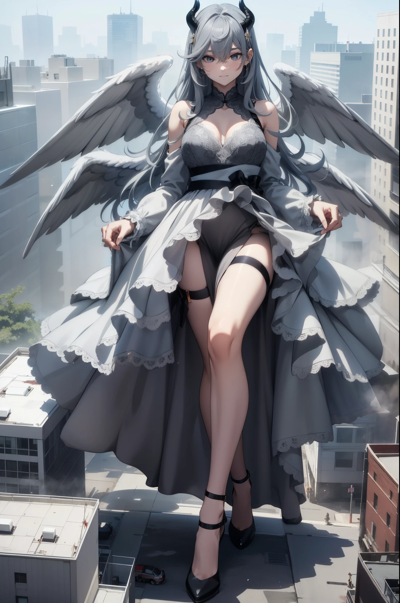 Aerial View,giant girl 50,000 feet high,Weight 1000kg,Have a pair of long legs,Has a pair of huge gray angel wings,With huge devil horns on his head,Has waist-length gray hair,loose hair,gray wavy hair,Wearing a pair of gray Mary Jane high heels,Gray lace gloves,Gray lace pantyhose,灰色蕾丝whole body,Standing upright on a small city,Beautiful appearance,Exquisite makeup,quality,8k,高quality,Perfect proportion, Cinema lighting,film grain,Fuji colors,8k,textured skin,Super details,high detail,high resolution,fake smile,blood stains,脚底有blood stains,whole body,Obese,feather