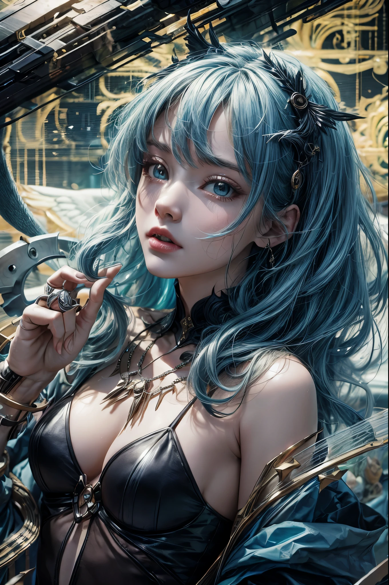 Craft a Cyberpunk and Steampunk masterpiece where a girl, resembling an angelic apparition, navigates a world veiled in smoke. Infuse the canvas with a ((dreamlike)) quality, using ((masterful)) strokes to depict the intricate fusion of wings, futuristic elements, and Victorian aesthetics.