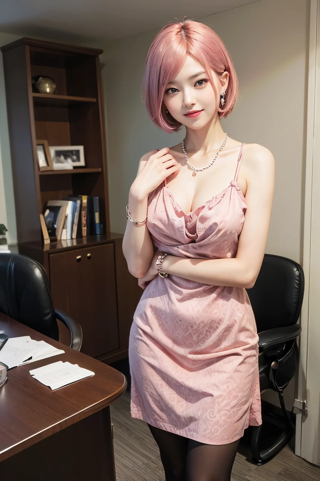 (8K, top-quality, masterpiece:1,2), (reallistic, Photorealsitic:1.37), Super Detail, One girl,), (Highly detailed), (beautifully detailed eyes), (of the highest quality), (super detailed ), (masterpiece), (Detailed face),20yr old, ,1 girl, full body, pink hair,Very short hair, medium breasts, clothed, Perfect Lighting, pussy and breast focus, looking at viewer, aroused face, naughty face,
(high quality:1.5) A realistic woman wearing a classic and elegant red dress with a simple pattern, paired with black tights. She has a confident and intelligent smile, with well-shaped natural eyebrows and slightly larger, captivating eyes.
(high quality:1.3) as well as elegant accessories such as a pearl necklace and earrings.
(high quality:1.2) She stands with a beautiful posture, standing tall with her chest out and her back straight. Her hands are naturally relaxed, with the fingertips looking neat and graceful.
(high quality:1.1) The background features an office setting or a modern interior room, creating a professional impression. The color tone is bright and unified, with a moderate brightness and depth. Incorporate office elements such as bookshelves and desks into the background.