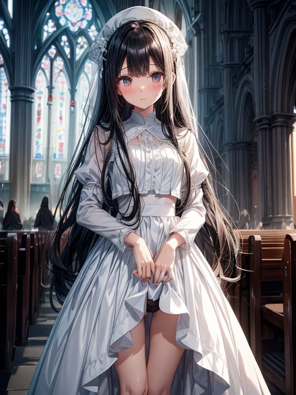 background is church、Pure White Prom Dresses、long black hair、beautiful girl、standing position、lift up the skirt、Small black underwear、blush