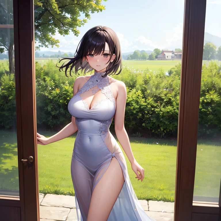 (masterpiece, high resolution, gentle and beautiful:1.2), stunning young woman, (big round full breasts), (graceful and leisurely walk:1.1), (transparent dress:1.2), surrounded by the tranquil atmosphere of lavender fields, ( gentle morning light:1.2) , (gentle sunlight radiates warm light:1.1), (fragrant lavender flowers:1.2), (whisper of wind across the fields:1.1), (fine mist adds a subtle touch:1.2), (peaceful calm in air:1.1) , (lush greenery frames the view: 1.2), a moment of serene beauty, a calming color palette, an inviting composition.