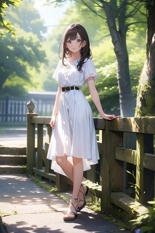 masterpiece++, best quality++, ultra-detailed+, extremely detailed++, 4K, 8K+, best quality, beautiful+, anime style,1person,full body image,summer,park,white simple mimi camisoledress,leather belt,tight belt,beautiful straight darkbrown hair,beautiful blue eyes, beautiful eyes++,long straight hair