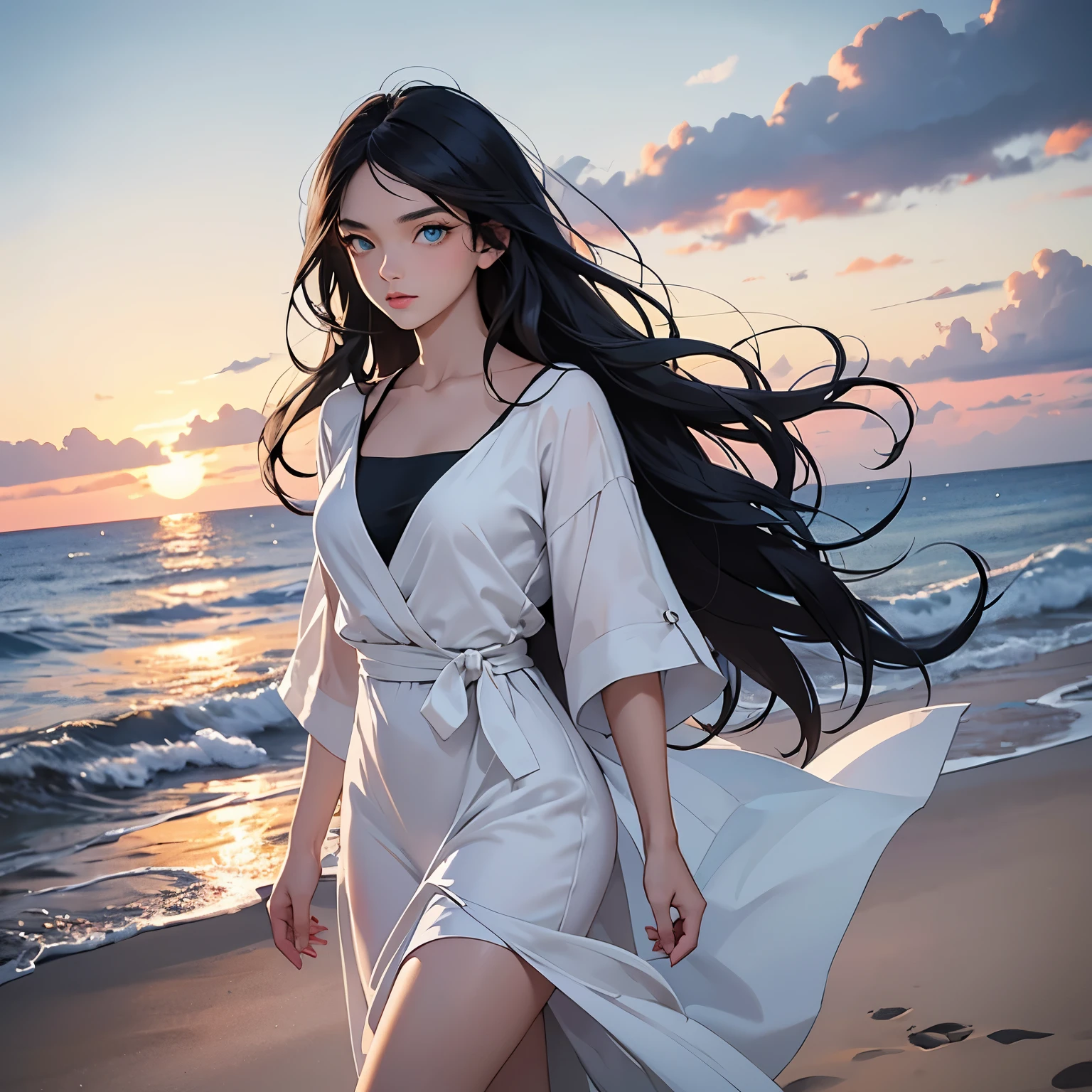 Mixed race woman with green eyes and long hair walking on a beach hand in hand with a man with slightly wavy black hair and blue eyes, gris durant un coucher de soleil 