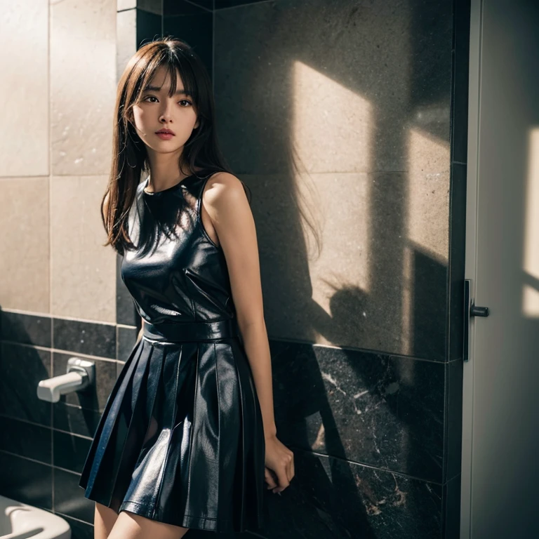 8K, highest quality, masterpiece, realistic, ultra detail, photo realistic, Improvement of quality, ((detailed face)),Photo of a slim girl standing facing forward in a tiled bathroom, blue leather dress style,The dress has a pleated skirt,Feet are barefoot, Midi hair with see-through bangs,Chiba high school girl, bright lighting