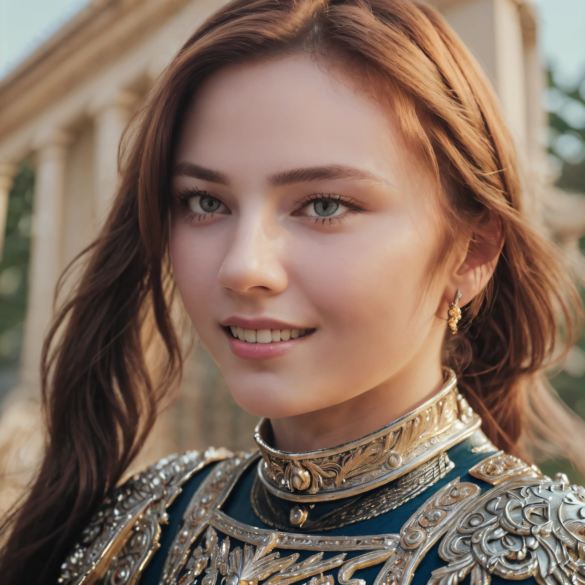 (8k, best quality:1.2), (masterpiece:1.37), (photo, photoactual:1.37), (ultra high resolution), Face Focus, shot From Front, close up, slow motion, Female paladin wearing the Full body, (Light silver armor:1.2),(Ornately decorated armor), (Extremely detailed, bloom:1.5), (best quality, Alessandro Casagrande, Greg Rutkoski, Sally Mann, concept art, 4K), (simulation:1.2), (high sharpness), (detailed student:1.1), detailed Face and eyes, sexy smile, masterpiece, best quality, (highly detailed photo:1.1), (long golden hair, blue eyes, ponytail, ecstatic:1.1), (young woman:1.1), sharp, actual, Real Shadow, 3D, (temple background:1.2), (Michelangelo), photographed by Canan EOS R6, 135mm, 1/1250 seconds, F/2.8, ISO 400