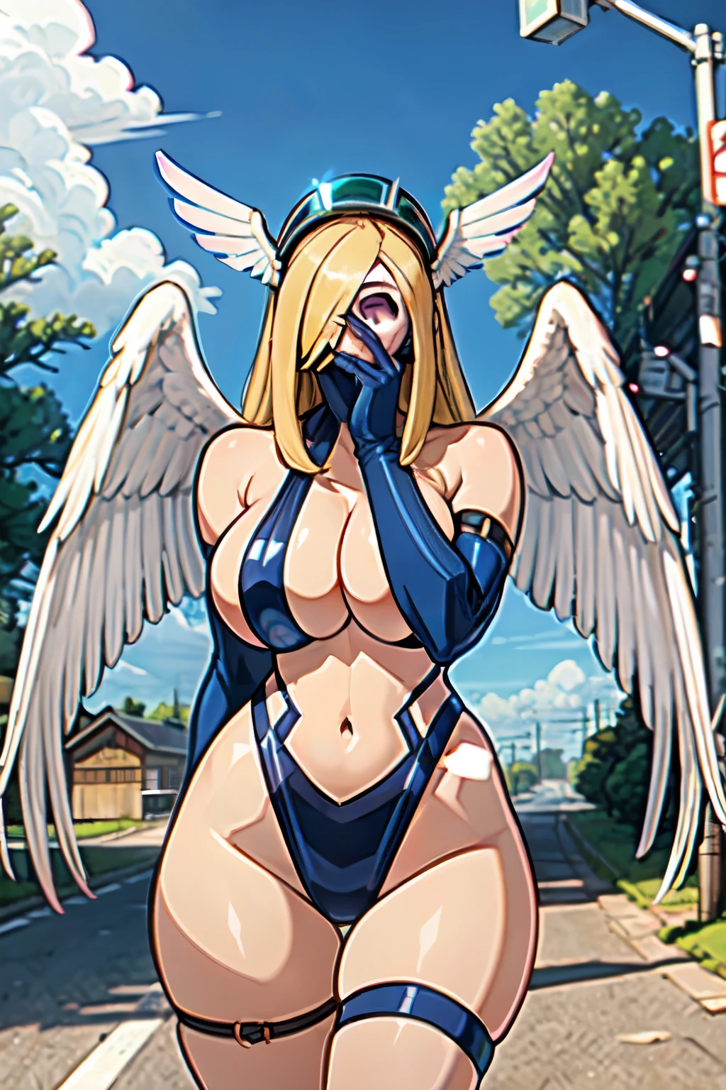 1girl, (solo:1.2), curvy, (masterpiece:1.2), (best quality:1.2), (perfect anatomy:1.4), (seducing the viewer while presenting her beautiful body), (large breasts:1.4), (cowboy shot:1.4), sulcate, cell shading, simple shading, clean lineart, (rural street:1.2), trees, japanese countryside, Utility pole,, angewomon, blonde hair, (covered eyes:1.7), long hair,large angel wings, bare shoulders, elbow gloves, large feathered wings, gloves, head wings, helmet, navel, pink ribbon, ribbon, single elbow glove, single glove, thigh strap, wings,