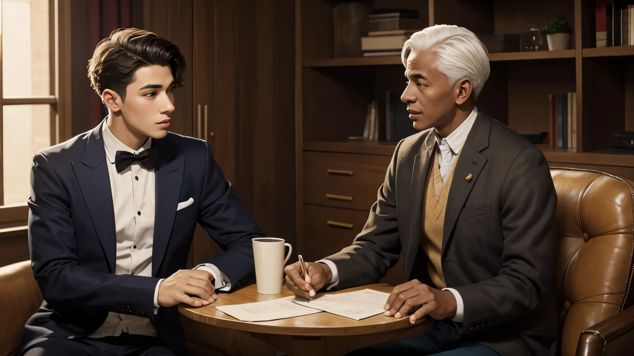 young man talking to old sabio