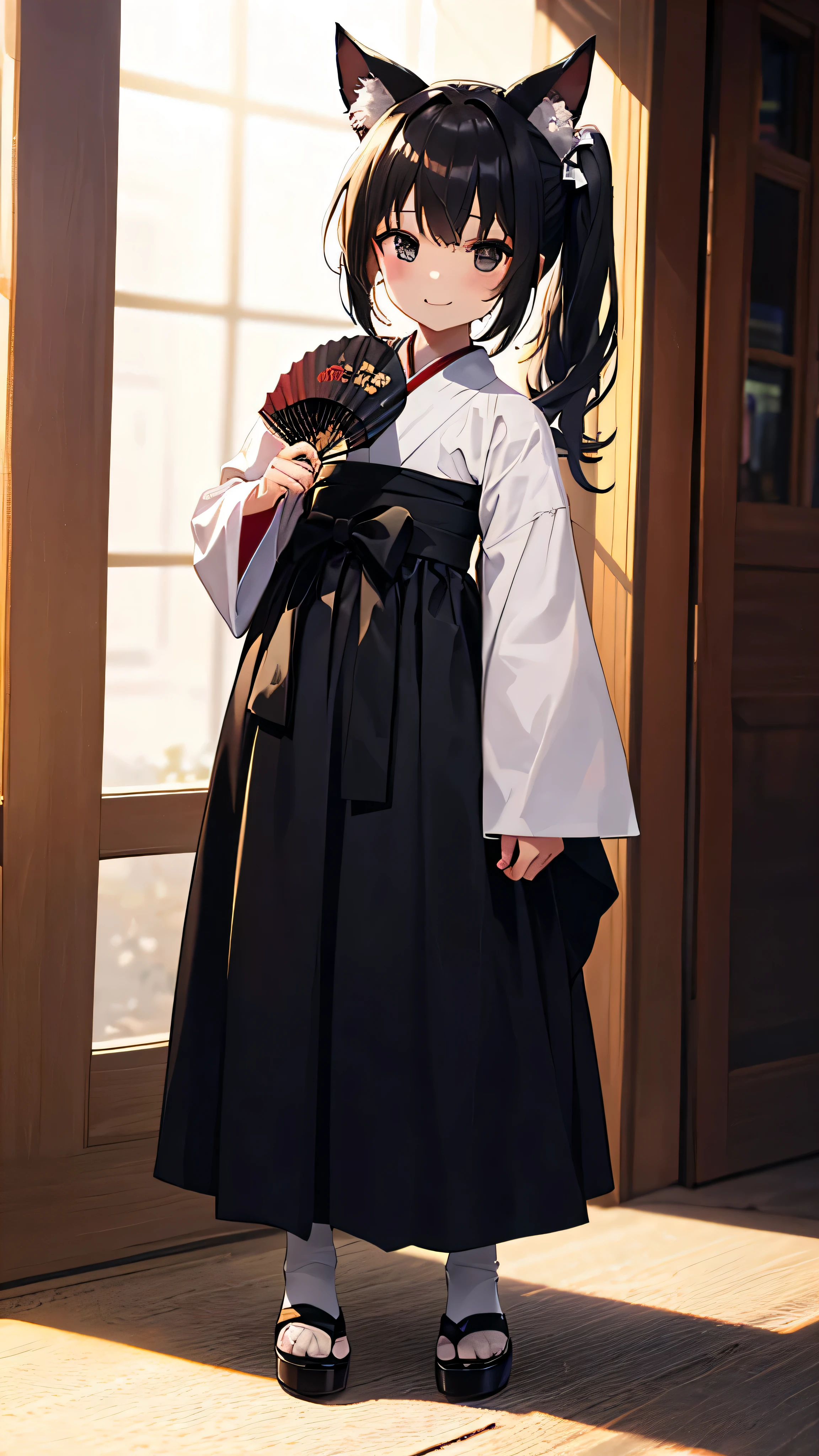 pretty girl, (Little:1.3), girl, full body, happy, Black long hair, Black eyes, (side ponytail:1.1), (Holding a black fan), black hanbok, face, Puppy ears, left sunbeam