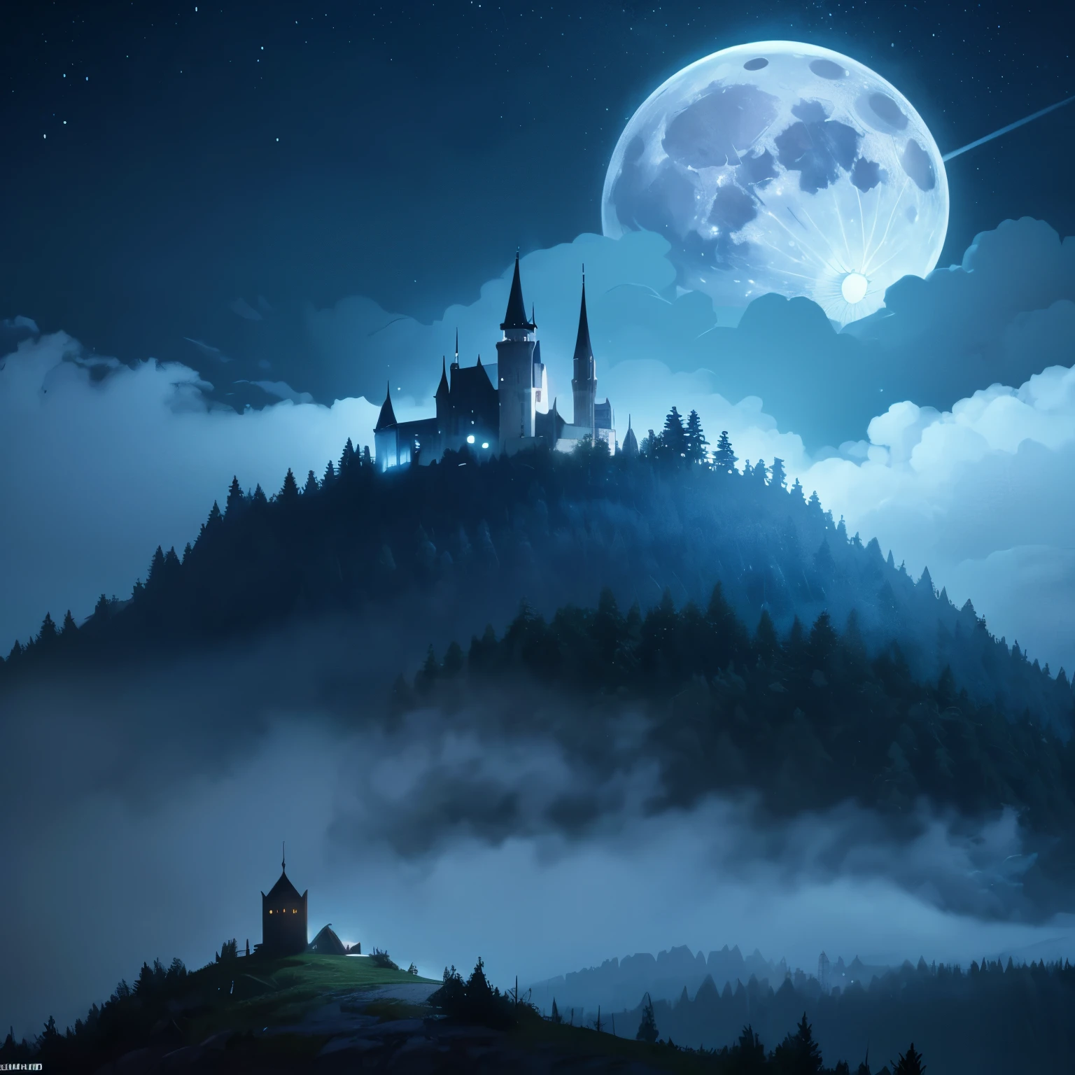 Emphasis seen from a very distant forest of flat terrain, seco e escuro, with a lot of fog, totally blue and dark scenery. Night time. In the right corner in the background a small castle seen very far away with a full moon in the sky and dark clouds. View of the entire scene very far away.