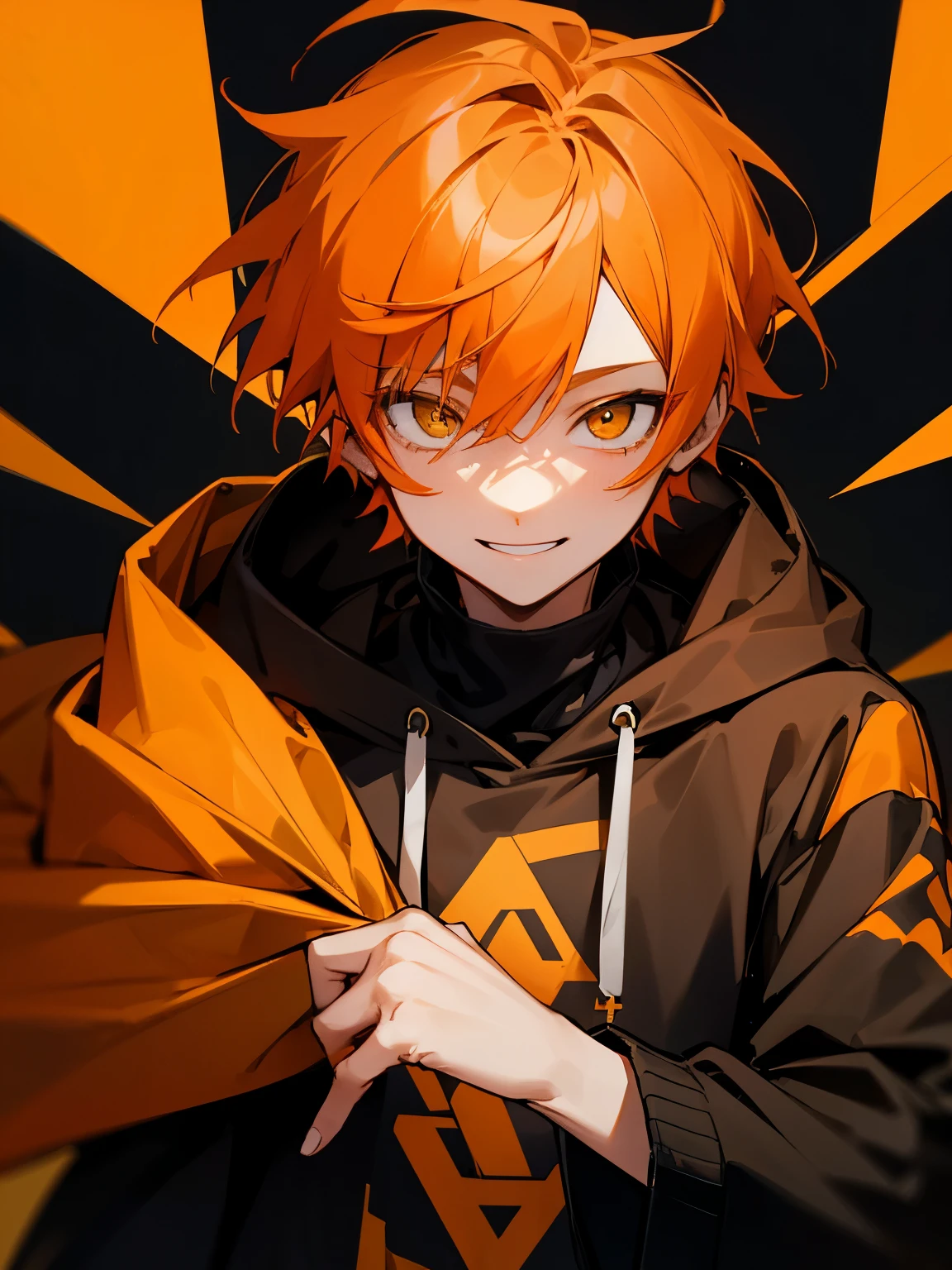 boy　orange hair　yellow eyes　orange and black hoodie　smile