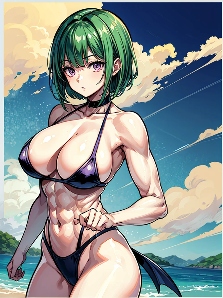 （（（masterpiece、Highest image quality、highest quality、highly detailed unity 8ｋwallpaper）））、（（Illustration of one girl））、（（（beautiful girl）））、（（green hair、pixie cut：1.3、sidelocks、purple eyes））、（stocky build, thickset physique, muscular legs, broad shoulders：1.2, solid chest：1.3）、swimsuit、sandy beach