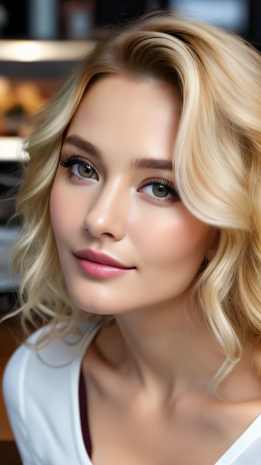 (Close-up from chest up)、Ultra-realistic Movie Master Pie with ultra-detailed primetime portraits, 最high quality, 8K, table top, Ultra HD), 1 female 38 years old、fashion supermodel, blonde curly hair、masterpiece, 最high quality, high quality, High resolution、Don'don't put things on the table、I Don'no pizza needed、(close up of face)、