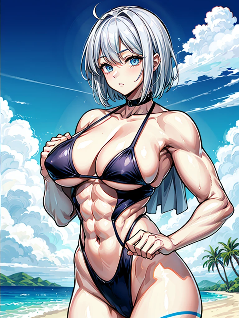 (((masterpiece、Highest image quality、highest quality、highly detailed unity 8kwallpaper)))、((Illustration of one girl))、(((beautiful girl)))、((white hair、short hair、crew cut:1.2、light blue eyes))、(((stocky build, thickset physique, muscular legs, broad shoulders, solid chest:1.3)))、swimsuit、sandy beach