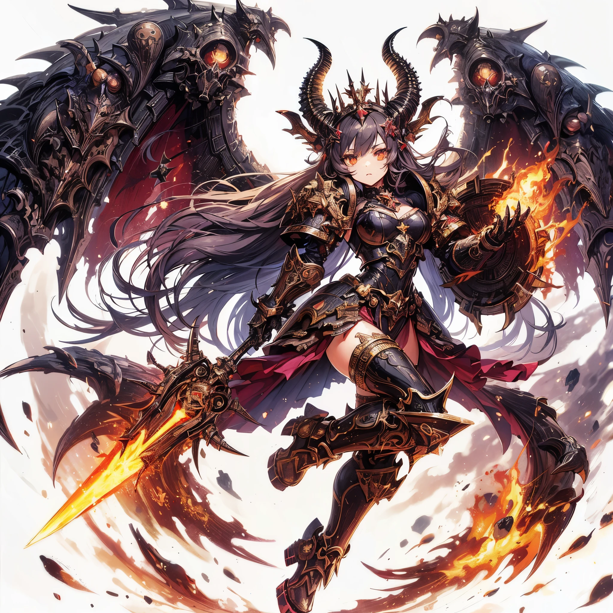 Masterpiece, best quality, ultra-detailed, anime style, full body of Chaos Demon girl, Heavy laminated power armor, blackened burnished armor with gold trim, giant horn and giant wing, girl's right hand is a giant grappling claw and she is holding a large sword in her left hand, supernatural Lightning and flame, Warhammer 40K, ((Eight-pointed star symbol)), 8k high resolution, trending art station, white background, whole body,
