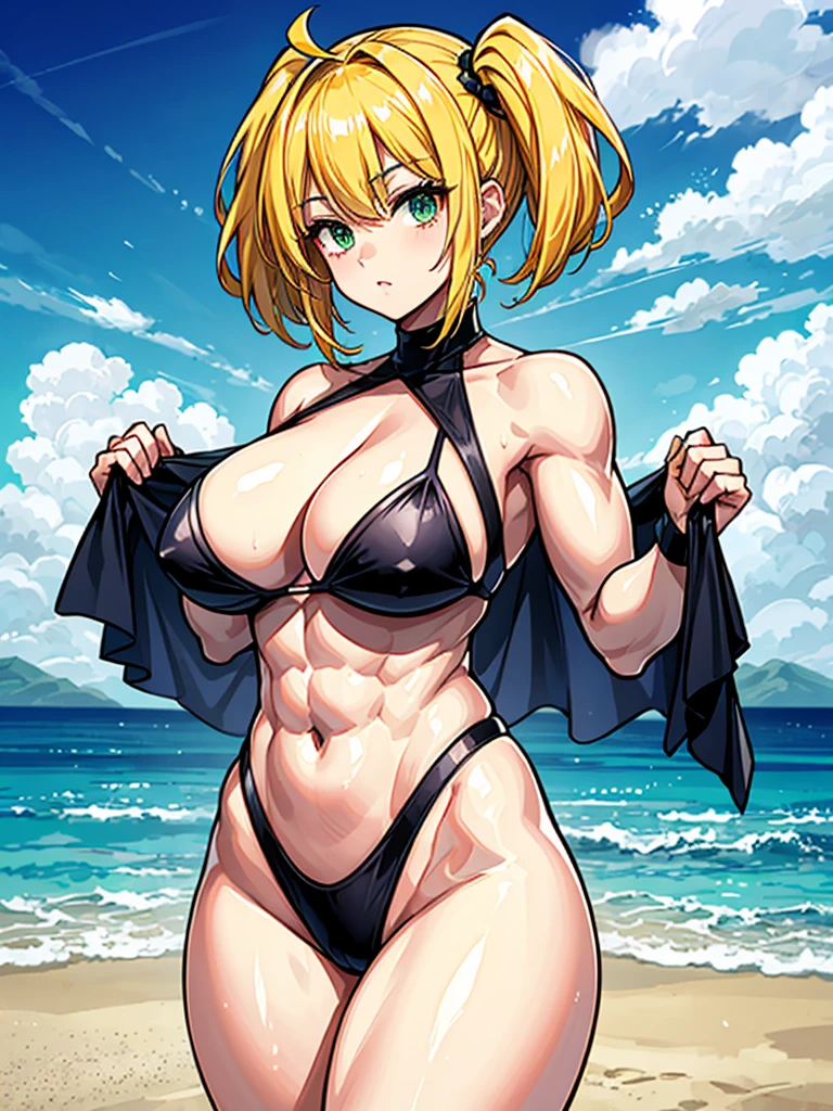 （（（masterpiece、Highest image quality、highest quality、highly detailed unity 8ｋwallpaper）））、（（Illustration of one girl））、（（（beautiful girl、cool）））、（（blonde、pixie cut：1.2、two side up、sidelocks、green eyes））、（（（tall、stocky build, thickset physique：1.3, muscular legs, broad shoulders, solid chest）））、swimsuit、sandy beach