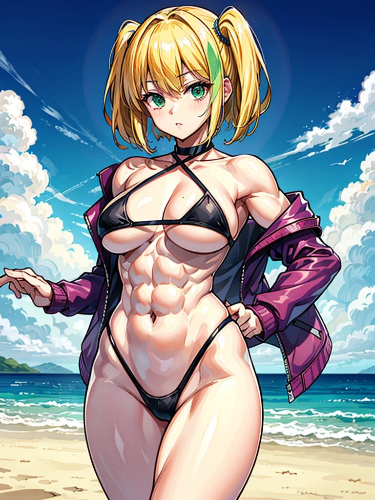 （（（masterpiece、Highest image quality、highest quality、highly detailed unity 8ｋwallpaper）））、（（Illustration of one girl））、（（（beautiful girl、cool）））、（（blonde、pixie cut：1.2、two side up、sidelocks、green eyes））、（（（tall、stocky build, thickset physique：1.3, muscular legs, broad shoulders, solid chest）））、swimsuit、sandy beach