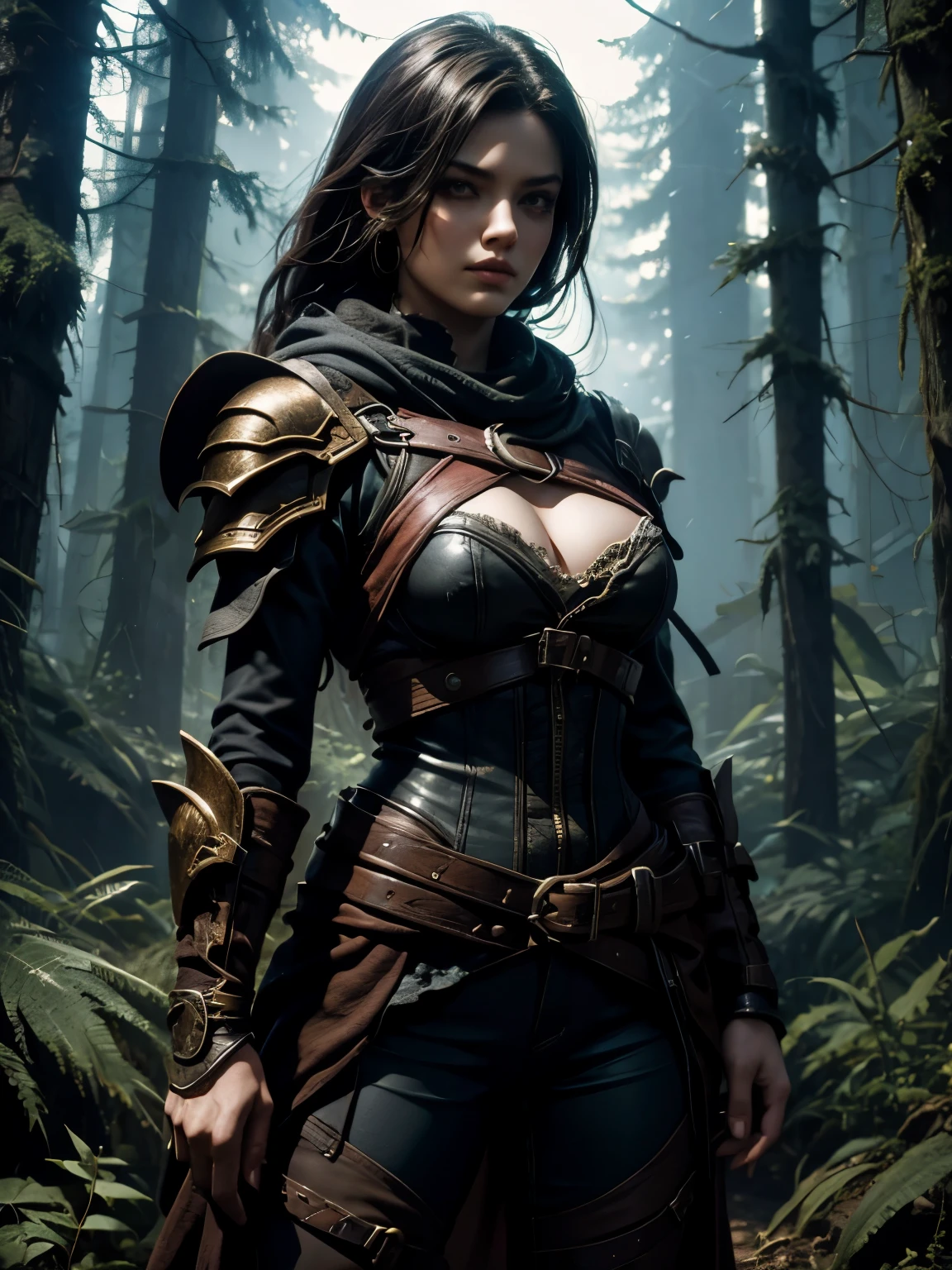 (1girl), Diablo 4 rogue, standing in a dark forest, HDR,4K, 3D